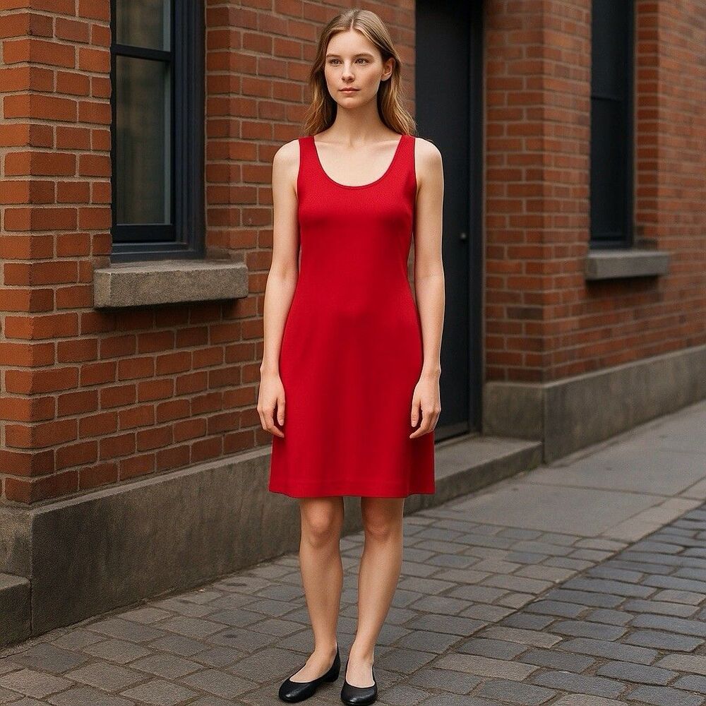 Eileen Fisher Midi Tank Dress XSmall RED Shift Minimalist Sleeveless Summer USA